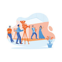 The film crew and director team shoot music in the studio. The male model plays a musical instrument, and the female model sings. Video Editor concept. trend modern vector flat illustration