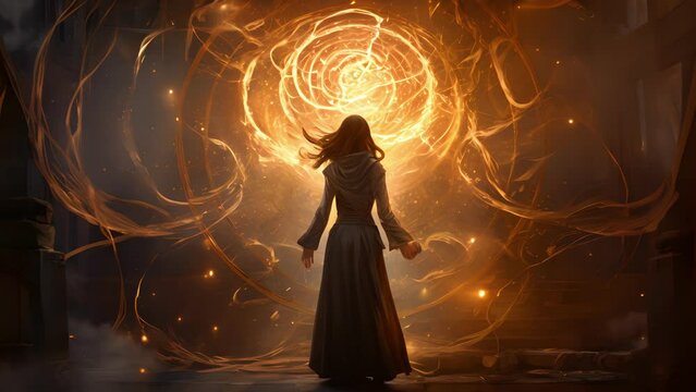 A witch stands before a cauldron her hands tracing intricate runes in the air as she murmurs a spell. The air shimmers and swirls around her and soon a shimmering halo of light begins