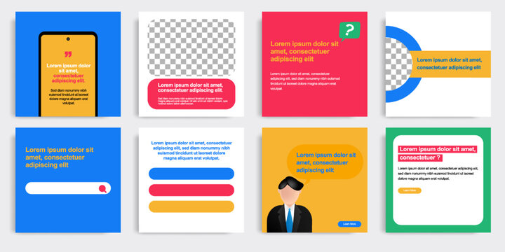 Playful social media post banner layout template pack in colorful background and shape elements. For ads, promotion, branding, sharing knowledge, microblog, tips and educate