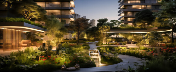 Luxurious evening garden landscape in modern residential area - obrazy, fototapety, plakaty