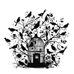 cage, birdcage, bird, isolated, vintage, freedom, prison, empty, bird cage, open, white, gold, metal, antique, jail, silhouette, old, vector, illustration, lock, trapped, 3d, tree, door, animal