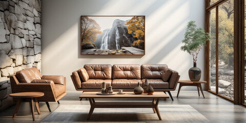 Interior of modern living room with brown leather sofa 3D render