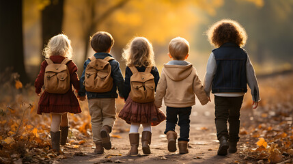 Group of young children walking together in friendship in school  - obrazy, fototapety, plakaty