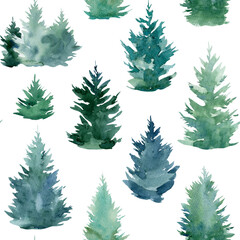 Forest. Watercolor Seamless pattern with spruce trees , template for textile, wallpaper, paper