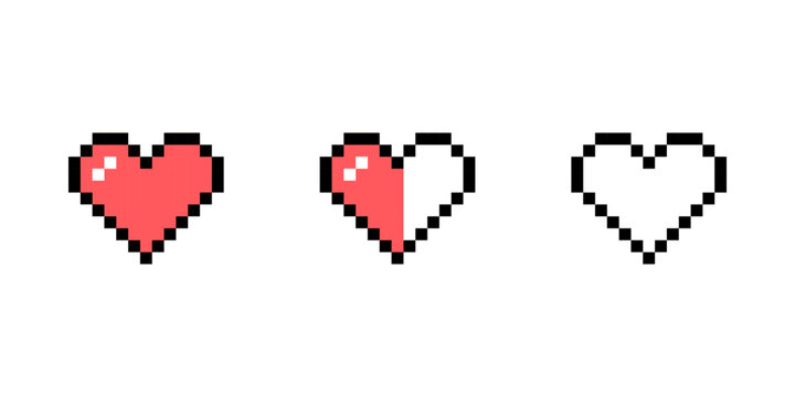 Clipart set of pixel elements in 8-bit style isolated on a white background. Heart shaped icons, all lives, half lives, lives are over.