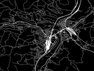 Vector road map of the city of Decin in the Czech Republic with white roads on a black background.