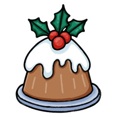 chocolate Christmas Cake with cherry watercolor style illustration.