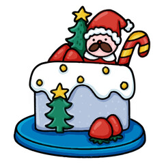 Christmas cake with santa candy cane christmas tree strawberry doodle style hand drawn 