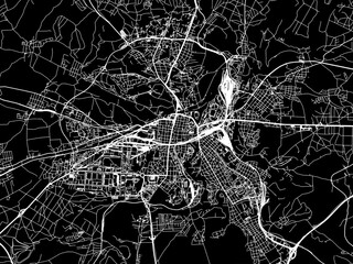 Vector road map of the city of Pilsen in the Czech Republic with white roads on a black background.