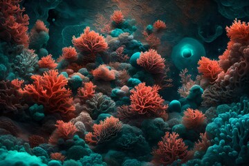 Fototapeta na wymiar Liquid coral and teal in a cosmic embrace