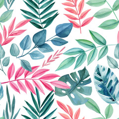 Tropical seamless pattern with blue and pink leaves. Floral design for fabric, decor. Watercolor illustrations