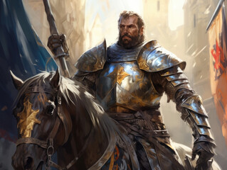 Knight in armor on horseback. Digital art.