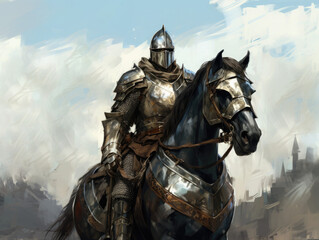 Knight in armor on horseback. Digital art.