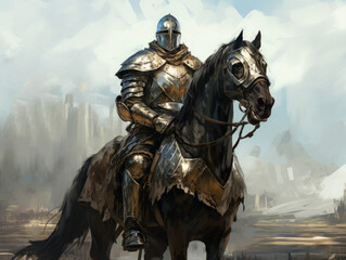 Knight in armor on horseback. Digital art.