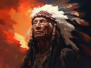 Indian. Native American wearing a feathered headdress. Digital art. - obrazy, fototapety, plakaty