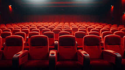 Rows of red velvet seats watching movies in the cinema