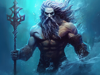 Poseidon, god of the seas. Digital art.