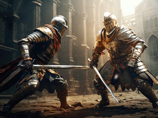 Battle of two knights. Digital art.