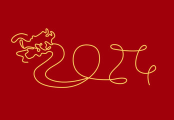 Simple line art greeting card of golden dragon with 2024 happy Chinese new year red background.