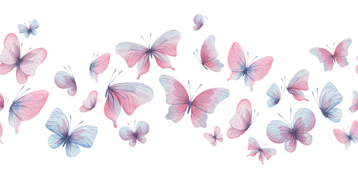 Butterflies are pink, blue, lilac, flying, delicate with wings and splashes of paint. Hand drawn watercolor illustration. Seamless border on a white background, for design