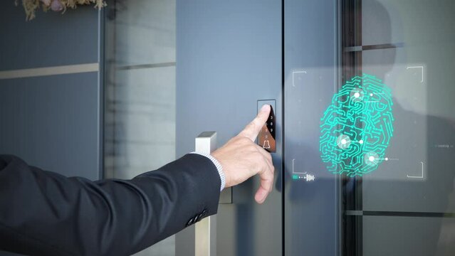 A man using biometric fingerprint sensor for open smart home door. 3D render