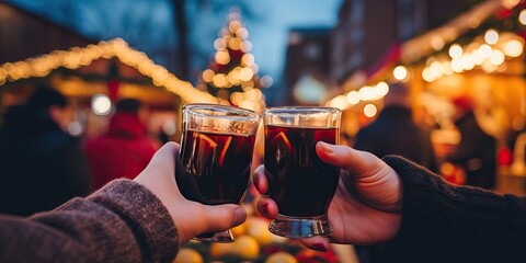 People at the festive Christmas market with mulled wine in their hands, Close up of couple friends toasting with glasses of warm mulled wine - Powered by Adobe