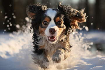 Black Cavalier King Charles dog running in the snow - 676293387