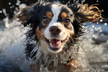Black Cavalier King Charles dog running in the water - 676293502