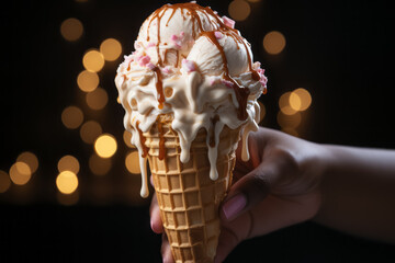 Ice cream cone in a woman's hands - 676293537