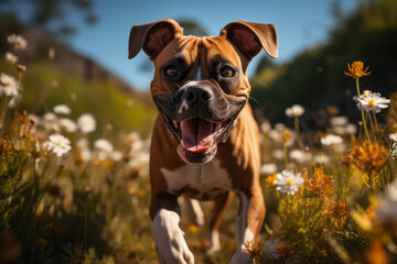 Boxer dog running in a meadow - 676293548