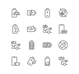 Set of batteries related icons, car charge, recycle, voltage, phone battery charging, battery life time and linear variety vectors.