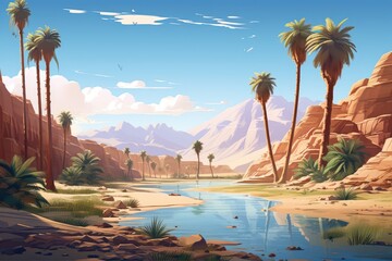 Calm desert view with palm trees - obrazy, fototapety, plakaty