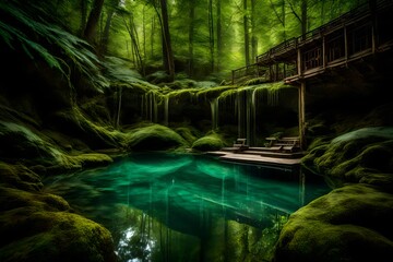 A tranquil pool of emerald, a hidden gem in a secluded forest