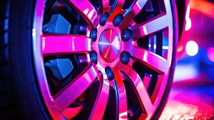 Sport car wheel with neon light. Car wheel close up. Neon background.