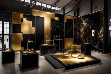 A smart black and gold exhibition display with interactive features, set in a contemporary art gallery with abstract, avant-garde artworks.