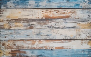 Texture of vintage wood boards with cracked paint of light blue, beige, brown and white color. Retro background with old wooden planks of different colors.