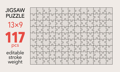 Empty jigsaw puzzle grid template, 13x9 shapes, 117 pieces. Separate matching irregularly elements. Flat vector illustration layout, every piece is a single shape.