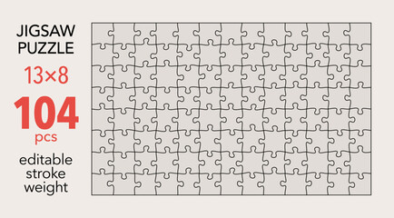 Empty jigsaw puzzle grid template, 13x8 shapes, 104 pieces. Separate matching irregularly elements. Flat vector illustration layout, every piece is a single shape.