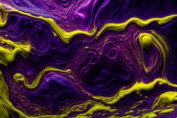 A high-definition close-up of neon yellow and purple liquids intermingling in an otherworldly texture.