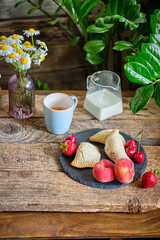 Mini cottage cheese pies with strawberries, cherries and peach.. Empanadas. Shortbread dough.