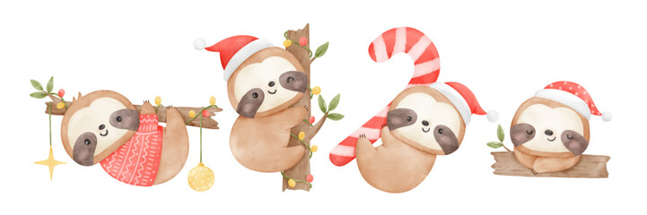 Draw character baby sloths christmas with santa hat For Christmas Winter Watercolor style © Luckycatarts