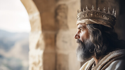 Portrait of a biblical King with a crown looking out the window. Old testament concept.