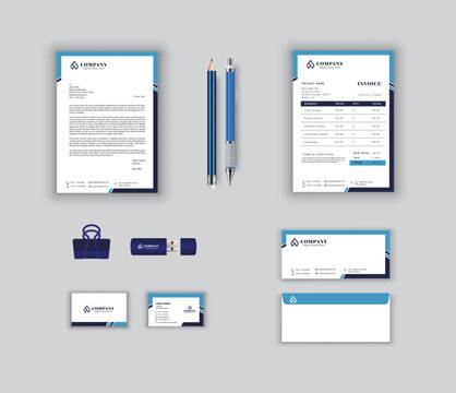 corporate modern stationary set design template with blue color. letterhead envelope ,business card ,invoice with bleed .stationery set vector design letterhead, visiting card, envelop, invoice design