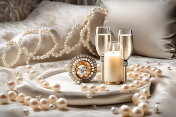 Fototapeta na wymiar champagne and pearls with diamond ring on a bed setting with candle-