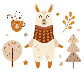 Christmas clipart with cute llama, Christmas tree, mug in cartoon flat style. Vector illustration