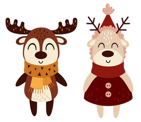 Christmas deer clipart in cartoon flat style. Cute winter deers vector illustration