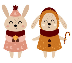 Christmas rabbit clipart in cartoon flat style. Cute winter bunny vector illustration