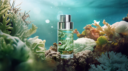 Collagen extract cosmetics of sea plants for product mockup. Algae plant essence with sea water cosmetic bottle with sea salt. Underwater mock up background - obrazy, fototapety, plakaty