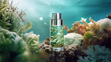 Poster Collagen extract cosmetics of sea plants for product mockup. Algae plant essence with sea water cosmetic bottle with sea salt. Underwater mock up background © Alin