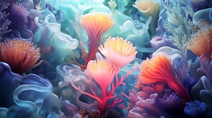 Naklejka na ściany i meble Corals wallpaper, realistic abstract 3d background with bright colorful coral reef or sea underwater